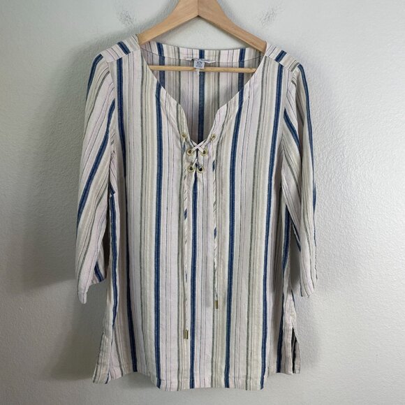 Tommy Bahama Womens Medium Striped Tunic Top Lace Up Neck Linen Blend Shirt - Picture 7 of 12